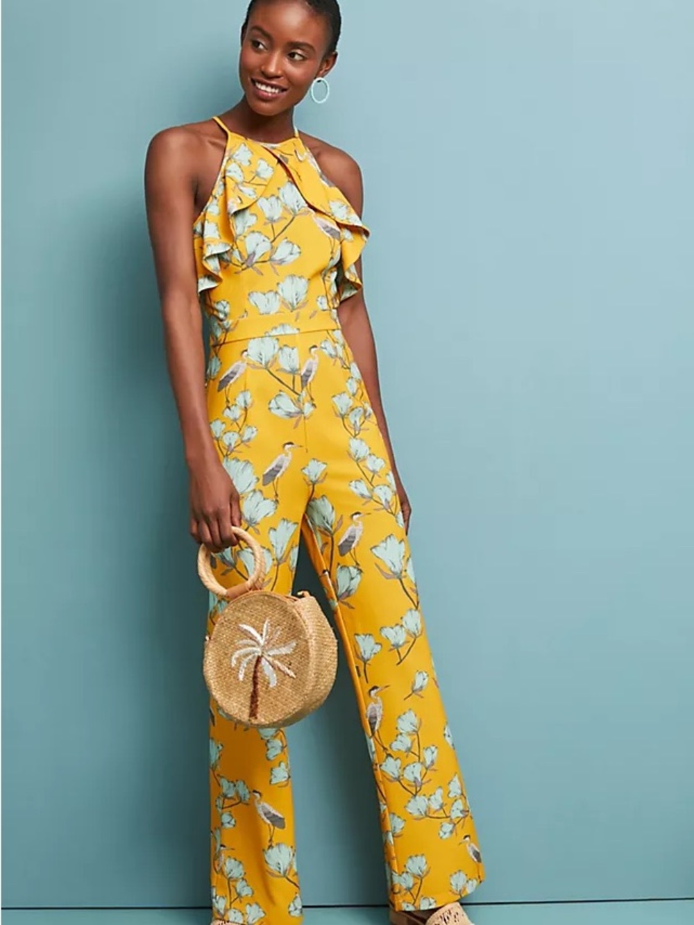 Anthropologie Yellow Floral Halter Ruffle Jumpsuit